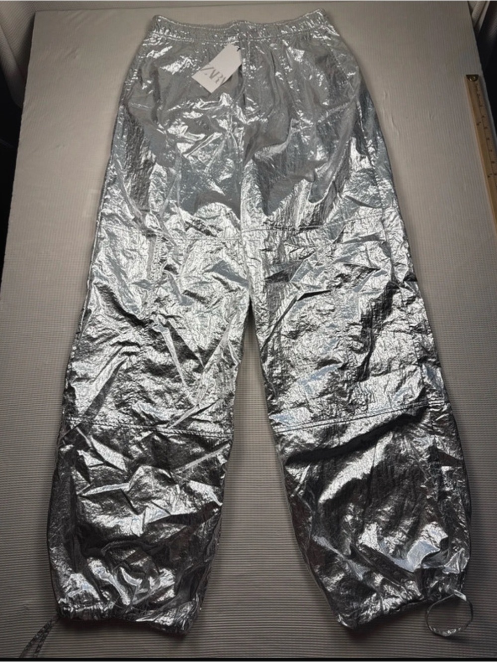 Zara Silver Wide-Leg Metallic Jogger Pants